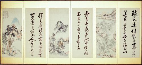 詩書山水図貼交屏風