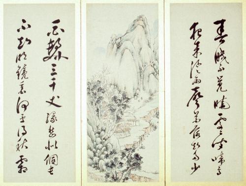 詩書山水図貼交屏風
