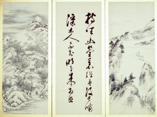 詩書山水図貼交屏風
