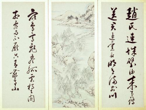 詩書山水図貼交屏風