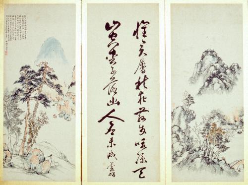 詩書山水図貼交屏風