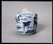南紀高松焼  染付瑞獣図樽形共蓋水指