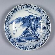 南紀男山焼  染付琴浦戯鴎図大皿