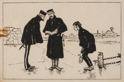 警官のたぼう：カンサツ（鑑札）のない人力車夫が、派出所へ連行される。おそらく盗難車。