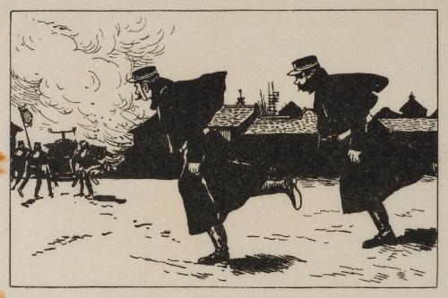 警官のたぼう：警官が火事場に駆けつける。日に三、四回ということもよくある。