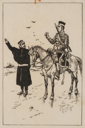 警官のたぼう：ポリスマンがなりたての若い伝令に道を教えている。