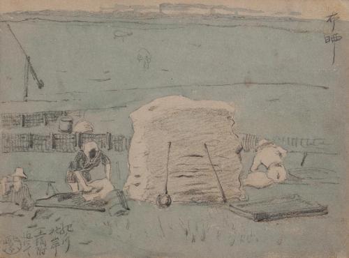 『紫明寫生帖』鉛筆之部其六（左）堤（右）布晒し