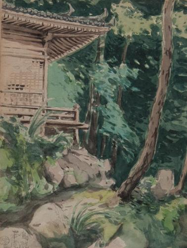 『紫明寫生帖』鉛筆之部其六（上）鳴瀧本堂（下）鳴瀧本本堂正面を下る
