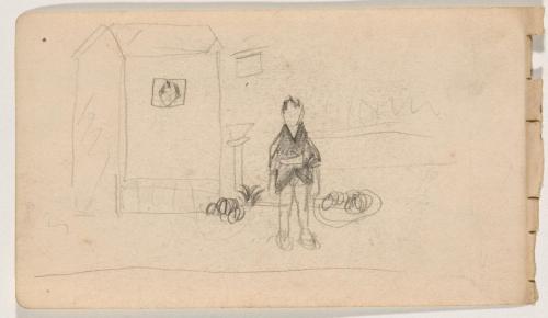 『未知草カード』[第二]より［窓からのぞく顔と建物の前に立つ人］