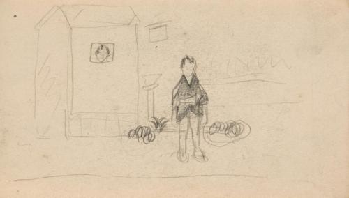 『未知草カード』[第二]より［窓からのぞく顔と建物の前に立つ人］