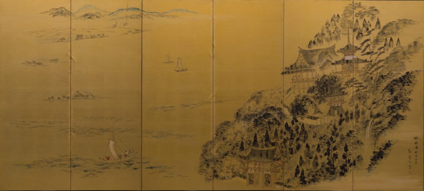 《和歌浦二趣》 1937（昭和12） 墨、顔料、紙、六曲一双屏風　個人蔵　右隻：紀三井寺の春/168.8×375cm