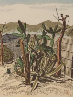 逸見享《サボテンのある風景》1932 木版、紙