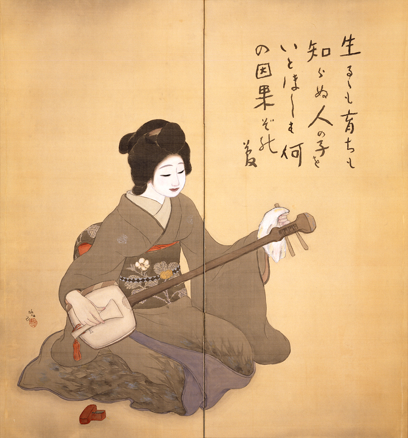 野長瀬晩花《三味線を弾く女》1917年頃 当館蔵 *竹久夢二賛