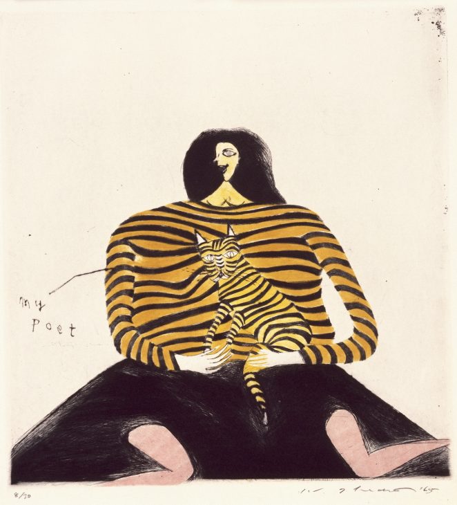 池田満寿夫《私の詩人、私の猫》1965年 広島市現代美術館蔵