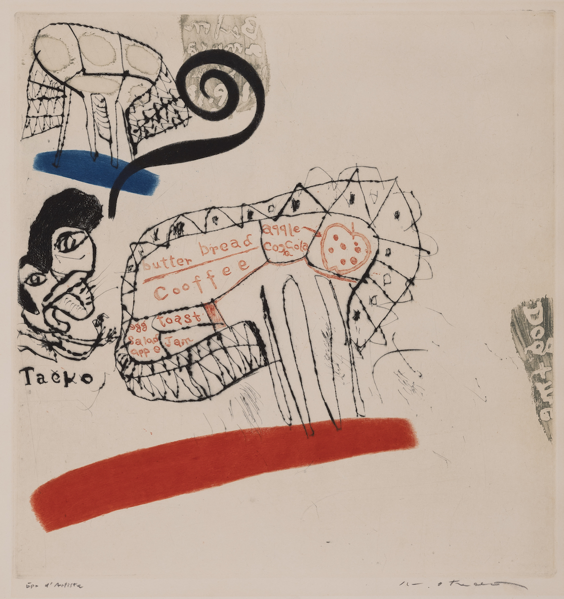 池田満寿夫《タエコの朝食》1963年　ドライポイント、ルーレット、エッチング　広島市現代美術館蔵