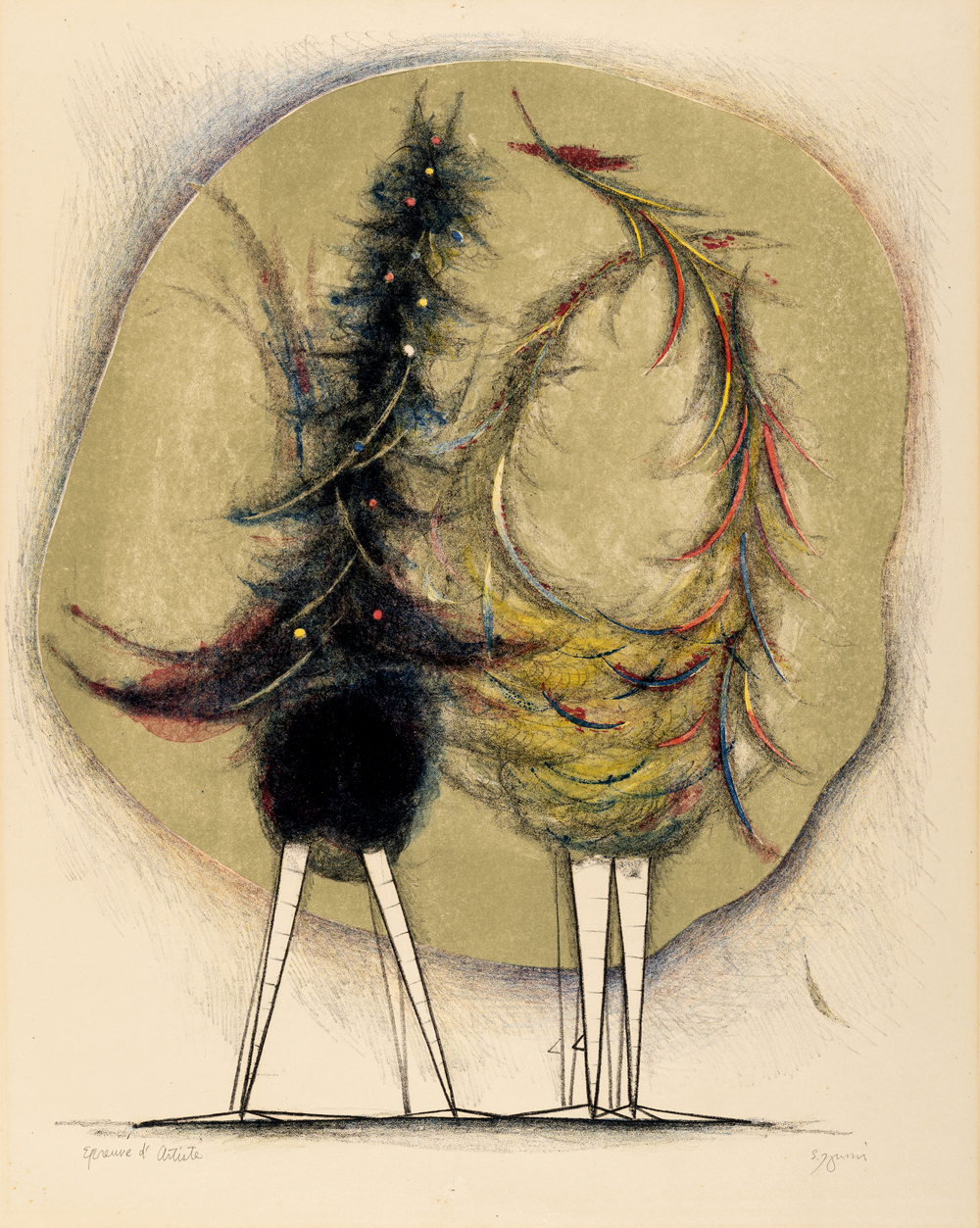 泉茂《闘鶏》1957年　リトグラフ　和歌山県立近代美術館蔵