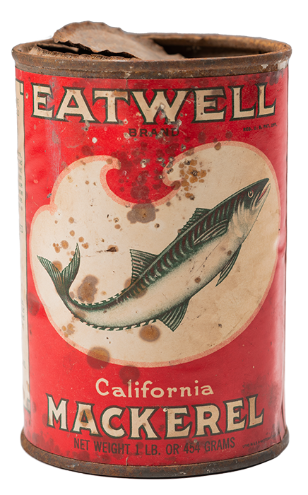 「イートウェル・カリフォルニア・マカレル」（ロサンゼルス港ターミナル島で製造された缶詰） 1918年以降　ブリキ缶　太地町歴史資料室蔵 | “Eatwell California Mackerel,” French Sardine Co., Inc., After 1918, Tin can, Taiji Historical Archives.