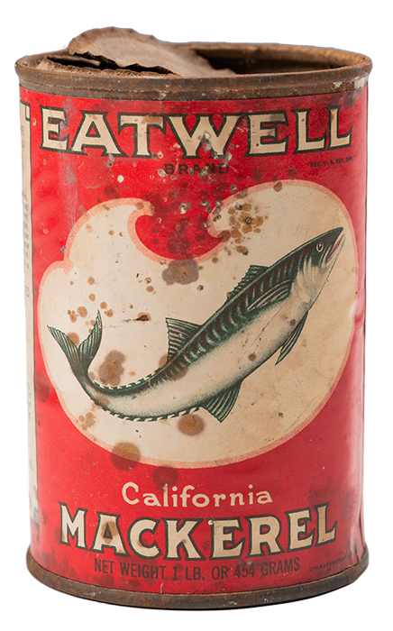 「イートウェル・カリフォルニア・マカレル」(ロサンゼルス港ターミナル島で製造された缶詰) 1918年以降 ブリキ缶 太地町歴史資料室蔵 | “Eatwell California Mackerel,” French Sardine Co., Inc., After 1918, Tin can, Taiji Historical Archives.
