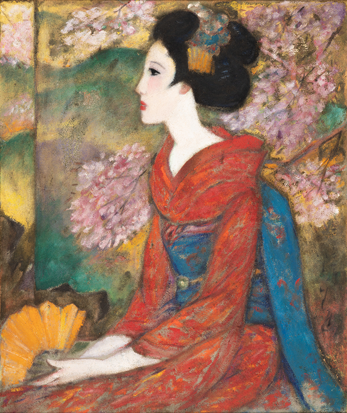 竹久夢二 《花衣》 1931‒32年 油彩、キャンバス 全米日系人博物館蔵 | Yumeji Takehisa Hanagoromo (Beautiful woman with background of cherry blossoms), 1931–32, Oil on canvas, Japanese American National Museum. *Gift in Memory of Manji Ohashi by Shizue Ohashi Naramura, 2002.179.1.