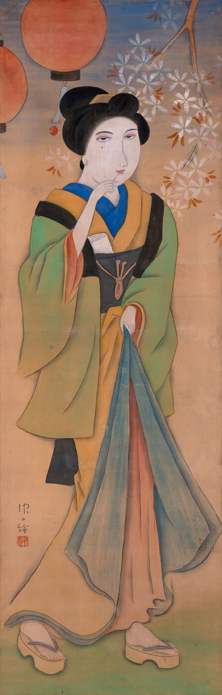 粥川伸二《花下漫歩》1920年 絹本着色 当館蔵 *展示は5月25日まで