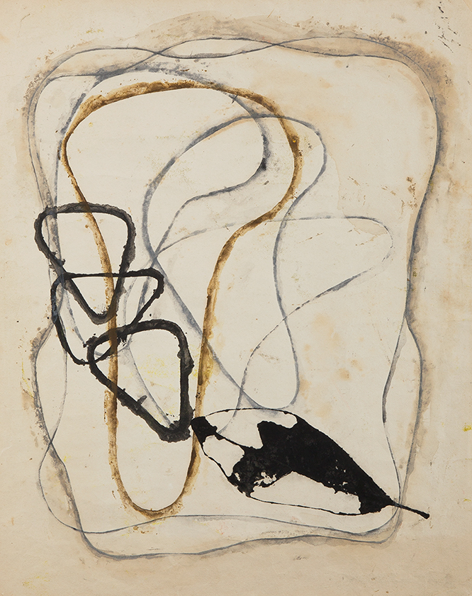 恩地孝四郎《ポエムNo.22 葉っぱと雲》1953年　マルチブロック、紙　当館蔵